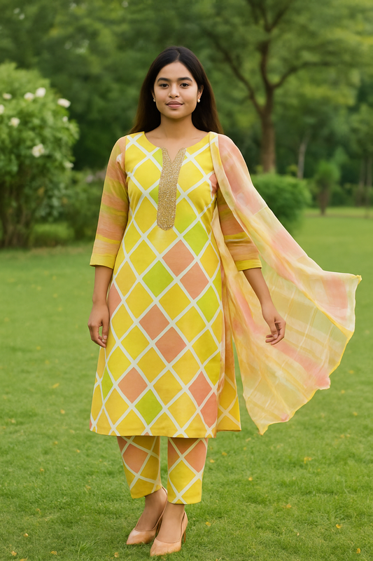 Pastel Yellow & Peach Check Print Unstitched Cotton Suit Set