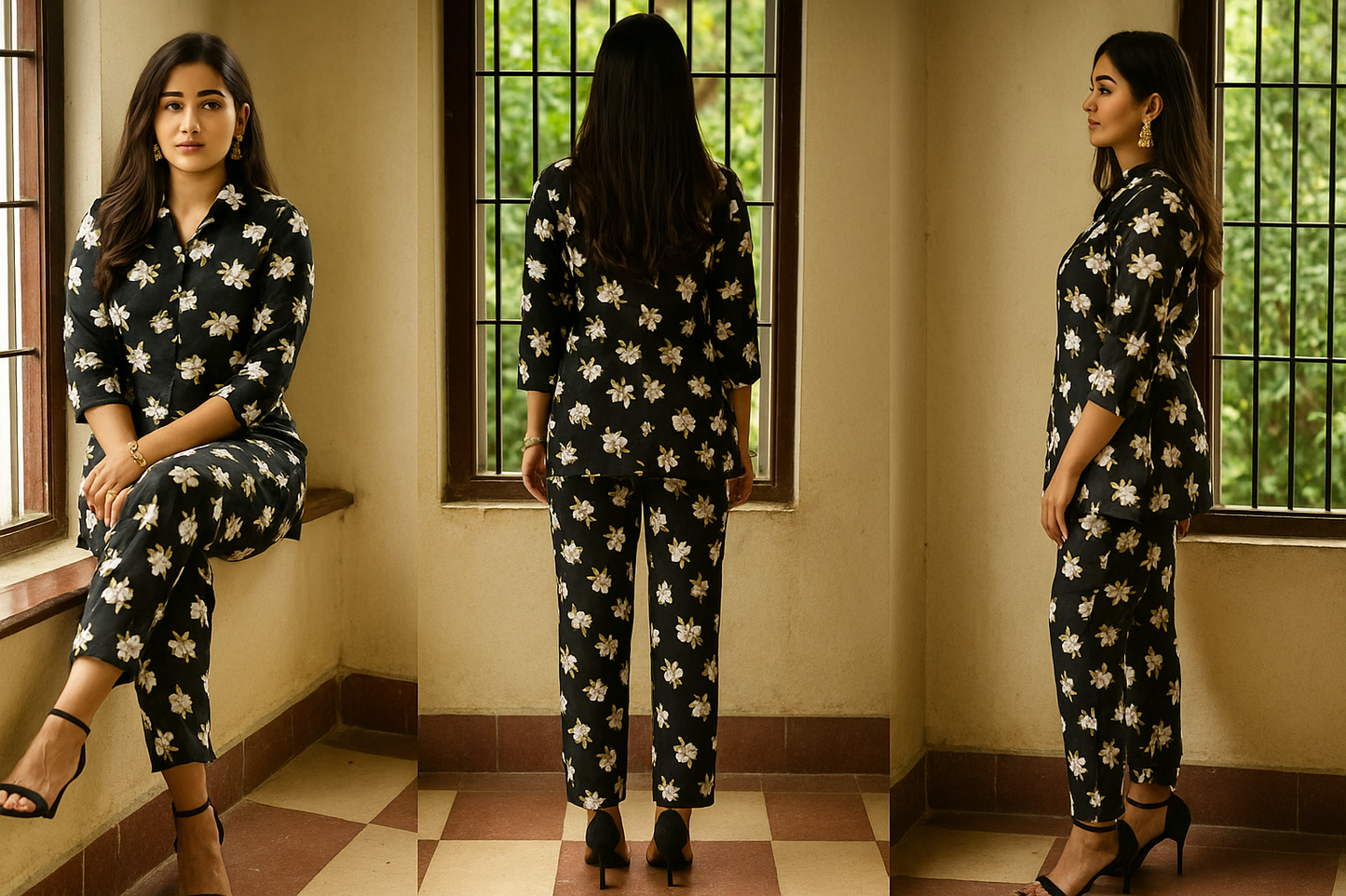 Elegant Black Floral Printed Cord Set (Unstitched Fabric (5 m)