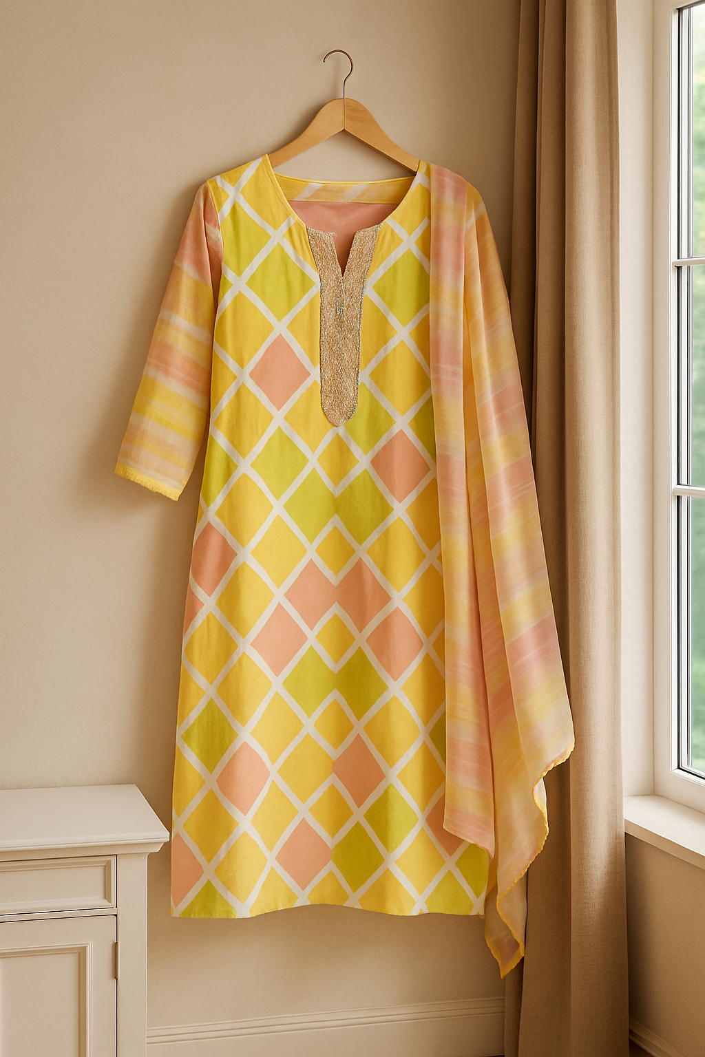 Pastel Sunshine Geometric Printed Unstitched Suit with Necktie & Dupatta
