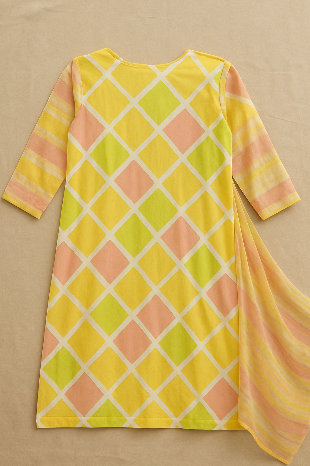 Pastel Sunshine Geometric Printed Unstitched Suit with Necktie & Dupatta