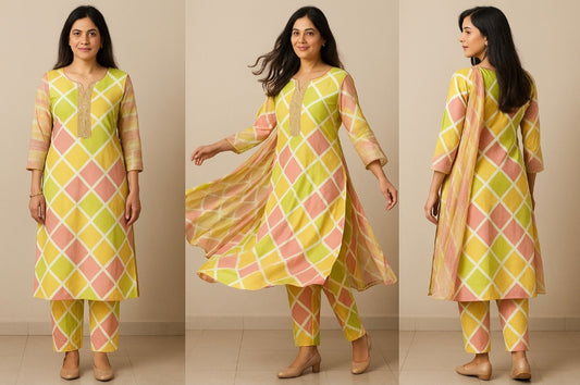 Pastel Yellow & Peach Check Print Unstitched Cotton Suit Set
