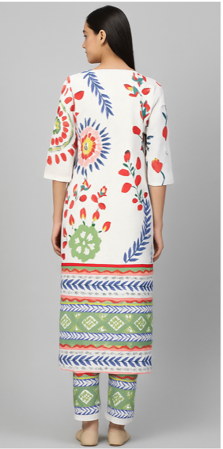 🌼 Elegant Floral Printed Cotton Suit Set – White Base | Multicolor Ethnic Motif (5m)