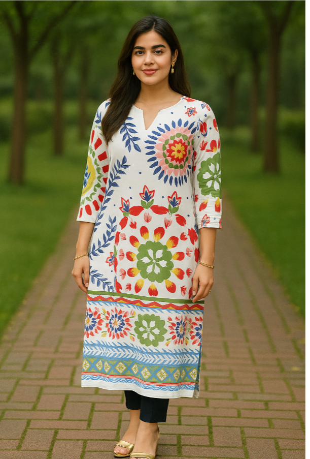 🌼 Elegant Floral Printed Cotton Suit Set – White Base | Multicolor Ethnic Motif (5m)
