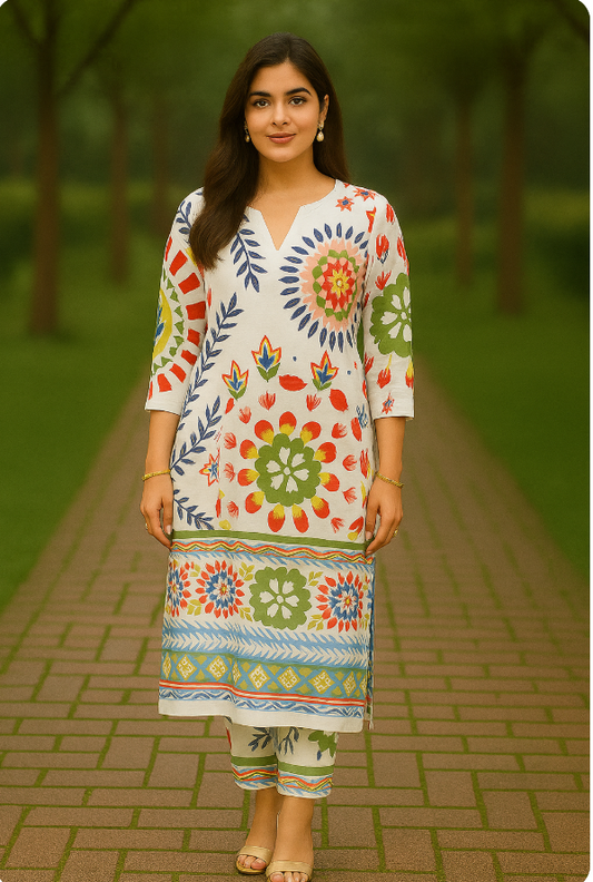 Woman wearing a colorful traditional Kurti with floral patterns