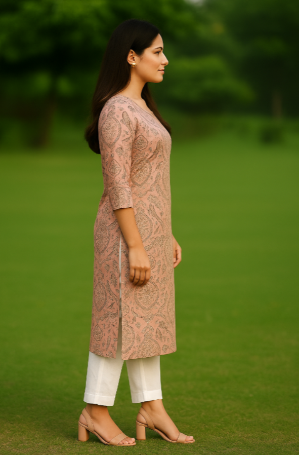Woman wearing a patterned kurta with white pants