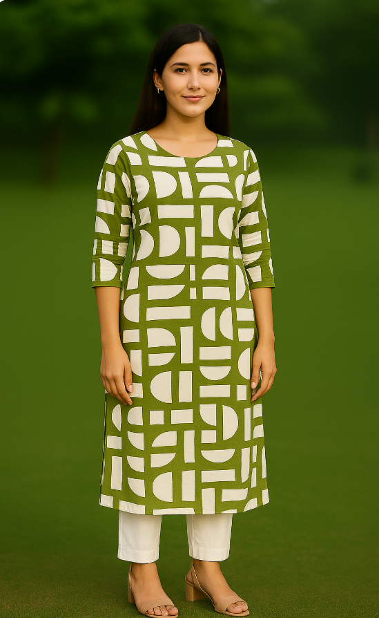 🟩 Modern Geometric Print Unstitched Fabric – Olive Green with White Abstract Design (2.5m)