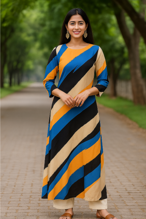🎨 Bold Stripe Unstitched Fabric – Cream Base with Blue, Yellow & Black Brush Strokes (5m)