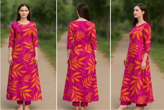 🌺 Tropical Vibe Unstitched Suit Fabric – Magenta with Mustard Yellow Leaf Print (5m)