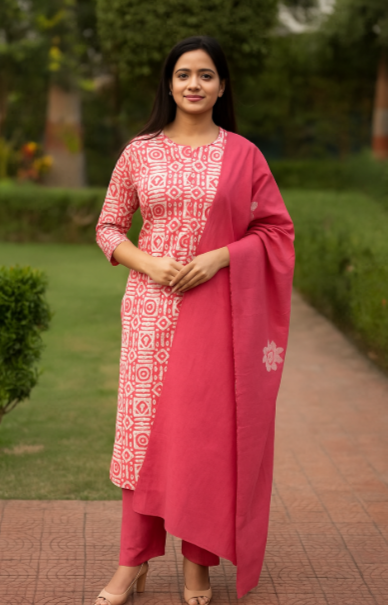 Woman in a red and white traditional outfit standing outdoors on a path with greenery.