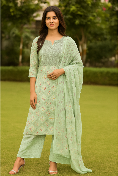 ✨ Graceful Mint Green Embroidered Unstitched Suit Set