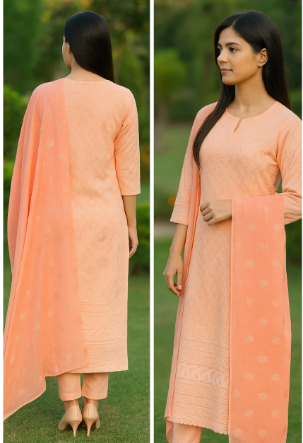 Noori Peach and Mint Coloured Chicken – Self-Textured Unstitched Suit Set