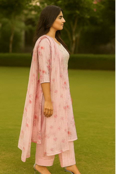 Blush Elegance – Soft Pink Embroidered Linen Suit Set  with Chiffon Dupatta unstitched