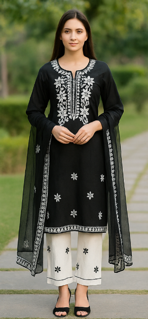 Noor Noir – Black & White Embroidered Cotton Suit Set Unstitched