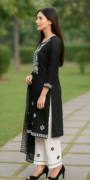 Noor Noir – Black & White Embroidered Cotton Suit Set Unstitched