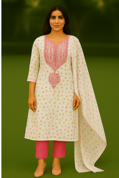 Triangle Bloom – Geometric Printed Unstitched Suit Set