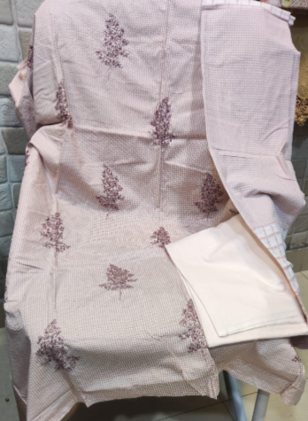 Soft Pink Checked Embroidered Cotton Suit Set (Unstitched)