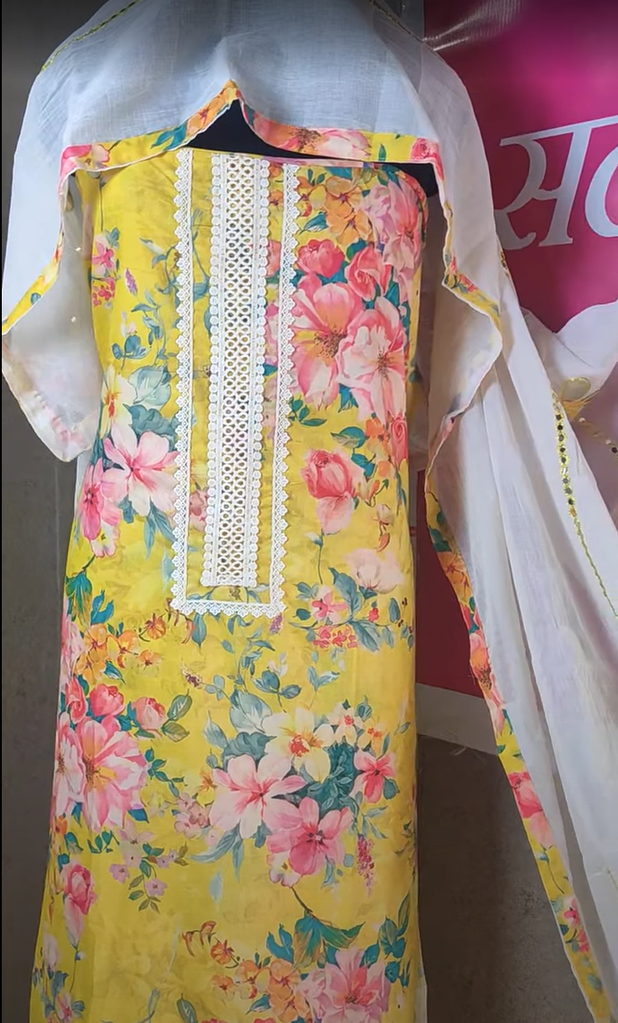 Cotton flower print shirt-2.40 m with lace work trouser -plain cambric cotton with cotton mul dupatta (patch and mirror work) -2.25mm