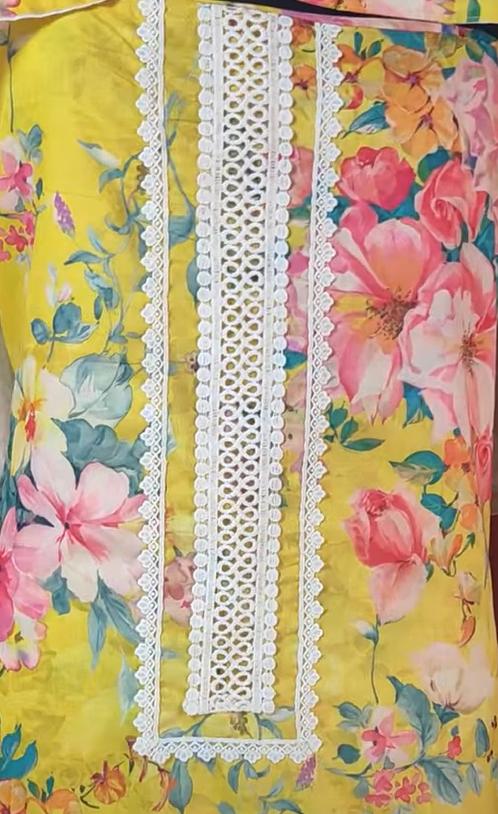 Cotton flower print shirt-2.40 m with lace work trouser -plain cambric cotton with cotton mul dupatta (patch and mirror work) -2.25mm