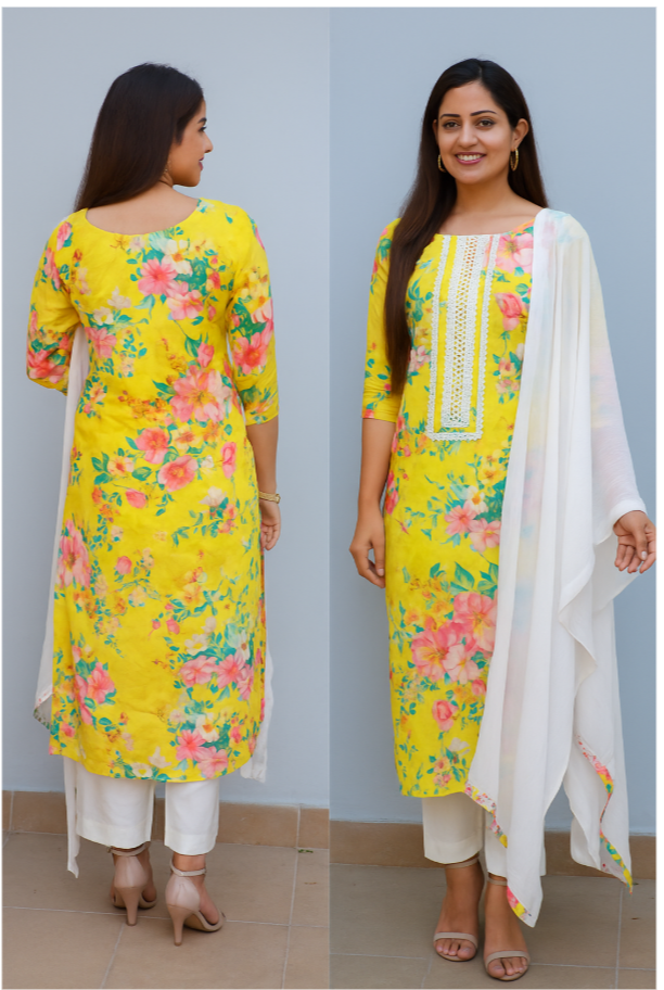 Cotton flower print shirt-2.40 m with lace work trouser -plain cambric cotton with cotton mul dupatta (patch and mirror work) -2.25mm