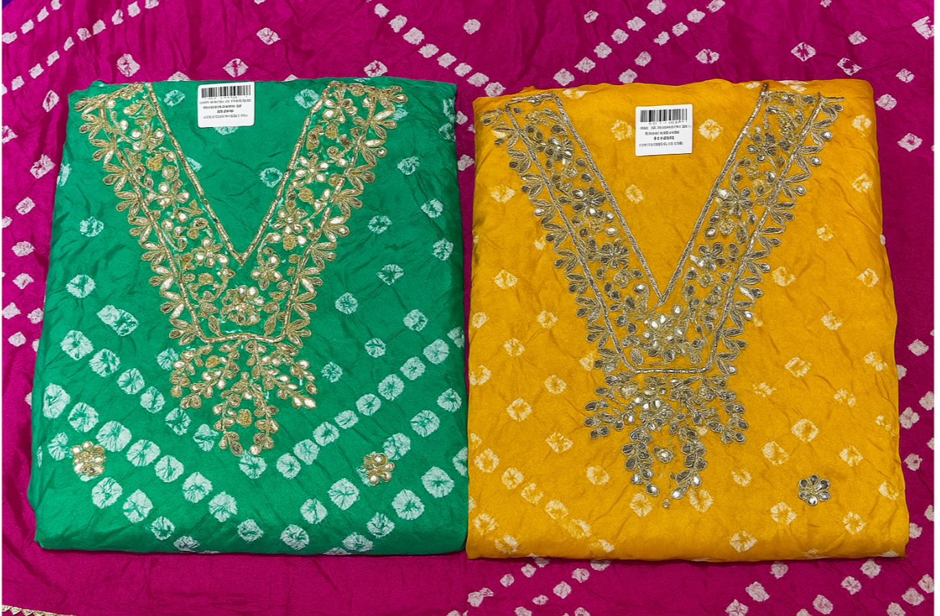 Beautiful Silk Bandhani Gota Work Embroidered Suit with Shantoon Trouser & Dupatta
