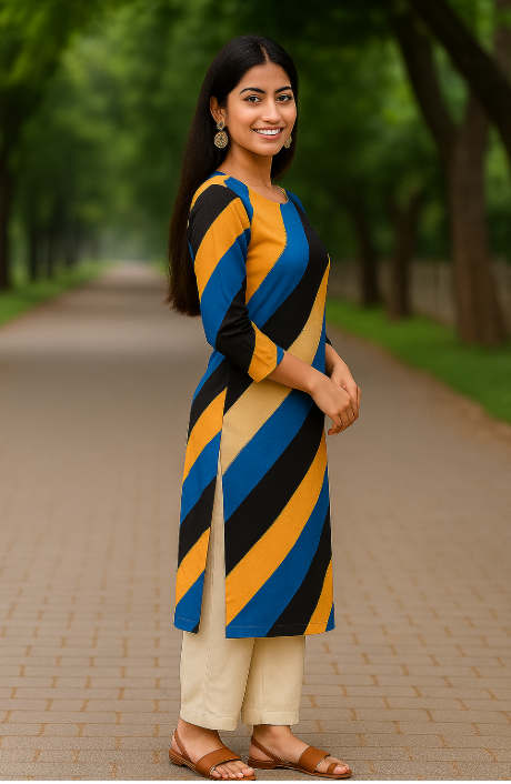 🎨 Bold Stripe Unstitched Fabric – Cream Base with Blue, Yellow & Black Brush Strokes (5m)