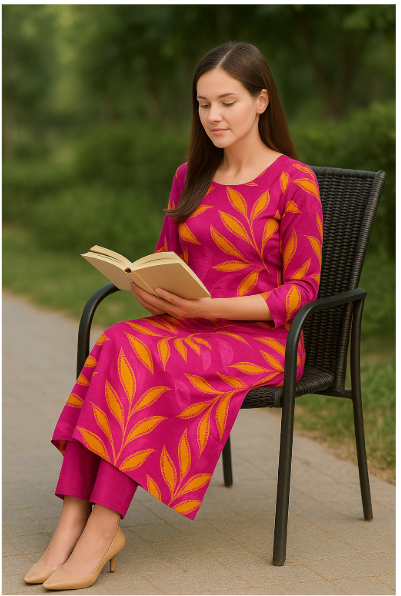 🌺 Tropical Vibe Unstitched Suit Fabric – Magenta with Mustard Yellow Leaf Print (5m)