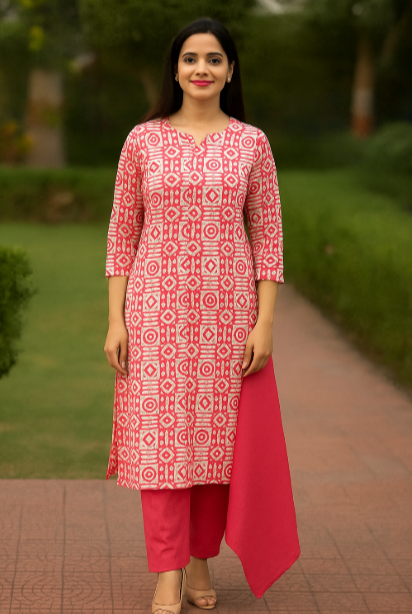 Woman wearing a red and white patterned kurta with pink pants outdoors.