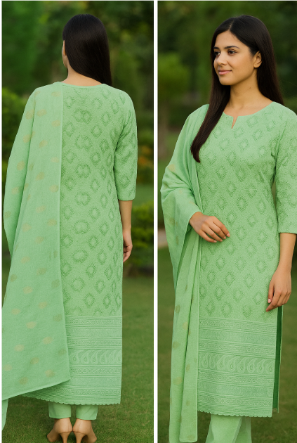 Noori Peach and Mint Coloured Chicken – Self-Textured Unstitched Suit Set
