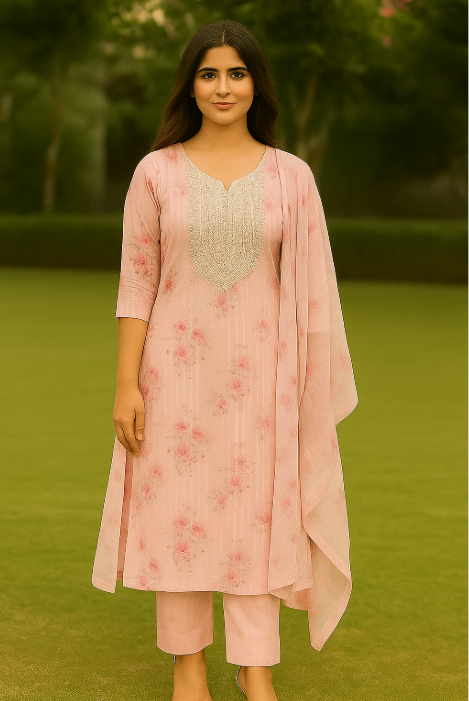 Blush Elegance – Soft Pink Embroidered Linen Suit Set  with Chiffon Dupatta unstitched