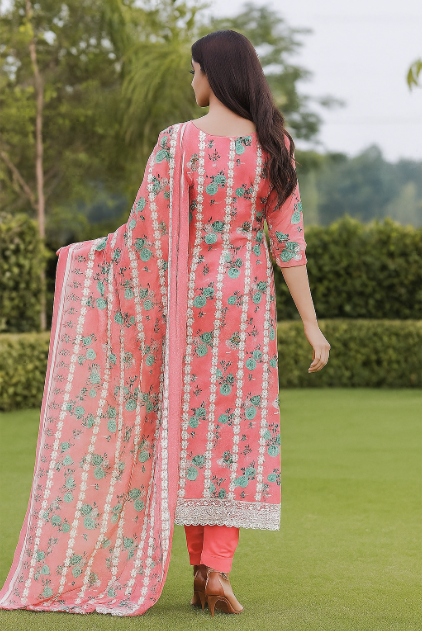 Rosé Bloom – Pink Floral Printed Unstitched Suit Set