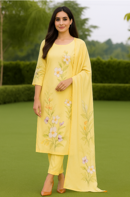 Sunshine Bloom – Hand-Painted Yellow Cotton Suit Set