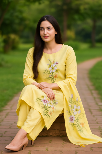 Sunshine Bloom – Hand-Painted Yellow Cotton Suit Set