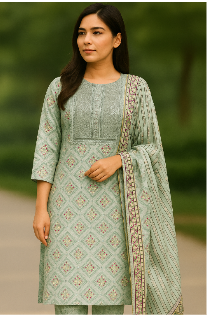 ✨ Graceful Mint Green Embroidered Unstitched Suit Set