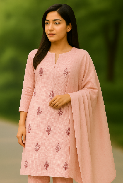Soft Pink Checked Embroidered Cotton Suit Set (Unstitched)