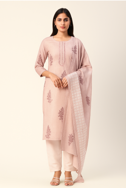 Soft Pink Checked Embroidered Cotton Suit Set (Unstitched)