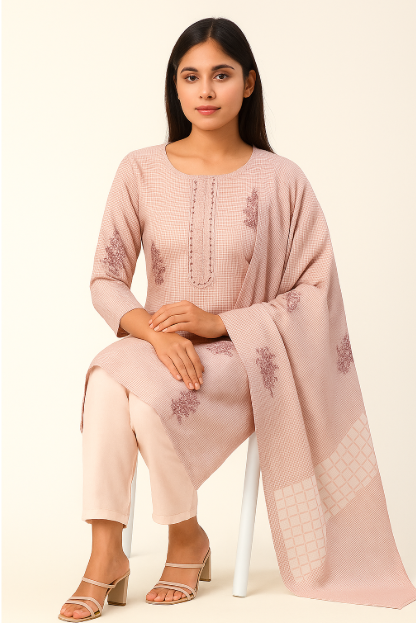 Soft Pink Checked Embroidered Cotton Suit Set (Unstitched)