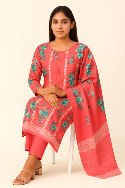 Woman wearing a pink floral outfit on a beige background