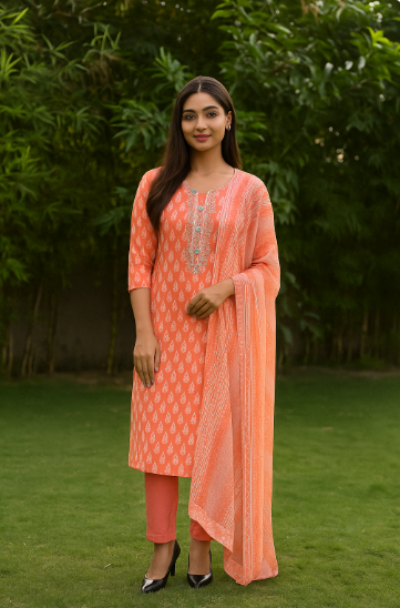 Peach Elegance Cotton Suit Set