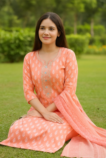 Peach Elegance Cotton Suit Set