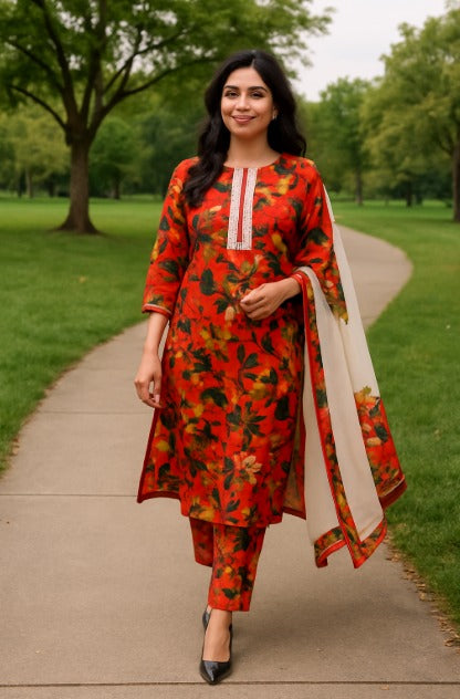 Cotton flower print shirt-2.40 m with lace work trouser -plain cambric cotton with cotton mul dupatta (patch and mirror work) -2.25mm