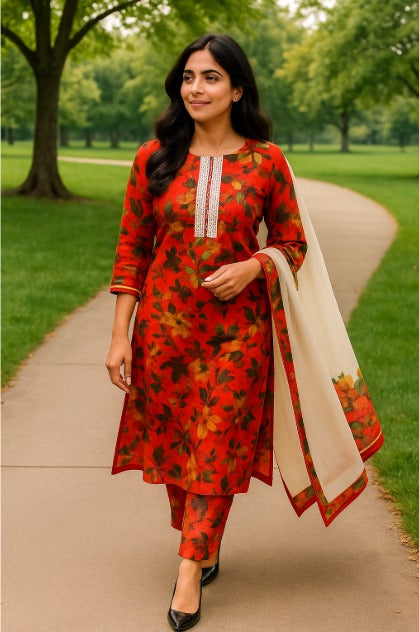 Cotton flower print shirt-2.40 m with lace work trouser -plain cambric cotton with cotton mul dupatta (patch and mirror work) -2.25mm