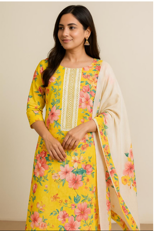Cotton flower print shirt-2.40 m with lace work trouser -plain cambric cotton with cotton mul dupatta (patch and mirror work) -2.25mm