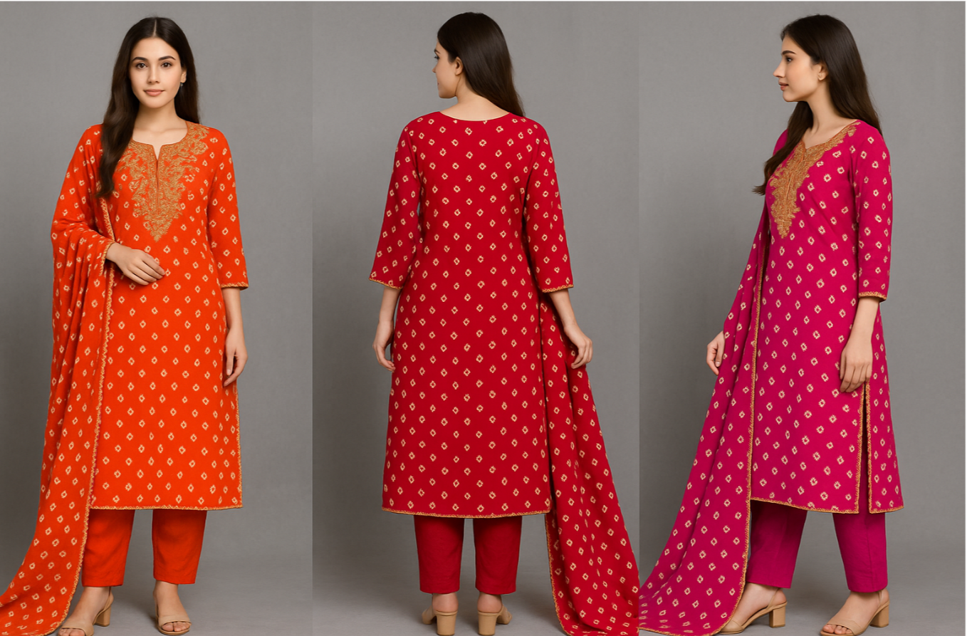 Three views of a woman wearing a red and pink traditional outfit with a gray background