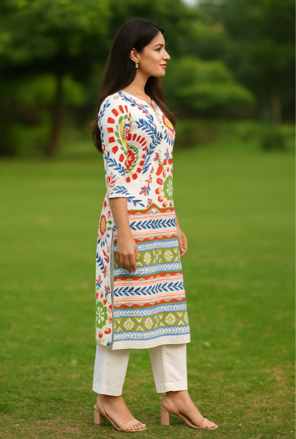 🌼 Elegant Floral Printed Cotton Suit Set – White Base | Multicolor Ethnic Motif (5m)