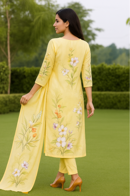 Sunshine Bloom – Hand-Painted Yellow Cotton Suit Set