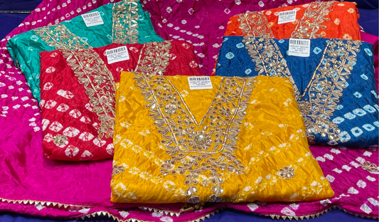 Colorful fabric pieces with intricate patterns and embroidery on a multicolored background. Available in 6 colours.