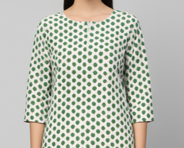 ⚪ Classic Polka Dot Unstitched Fabric – White Base with Green &amp; Pink Dots | Soft Cotton Feel (5m)