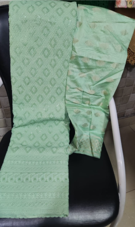 Noori Peach and Mint Coloured Chicken – Self-Textured Unstitched Suit Set