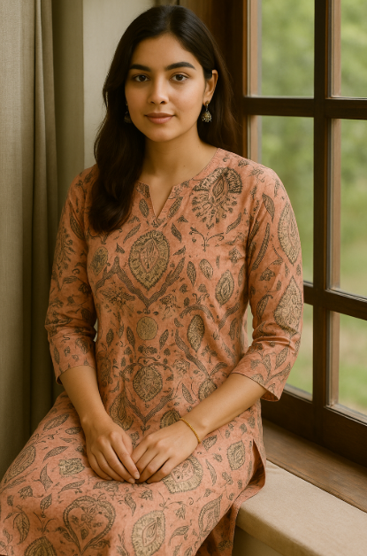 🌸 Ethnic Boho Unstitched Fabric – Soft Peach with Antique Motifs | Vintage-Inspired Elegance (5m)
