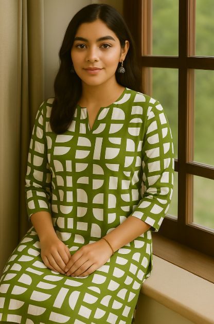 🟩 Modern Geometric Print Unstitched Fabric – Olive Green with White Abstract Design (2.5m)